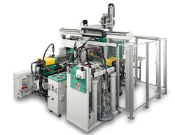 A multicomponent machine with integrated robot, LSR pump delivery system and a dryer for the thermoplastic substrate. A multicomponent machine with integrated robot, LSR pump delivery system and a dryer for the thermoplastic substrate.
