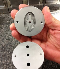 Conformal cooling channels are designed to flow water around the ejector pin and trim the cooling cycle time for this deodorant cap by 50 percent. Conformal cooling channels are designed to flow water around the ejector pin and trim the cooling cycle time for this deodorant cap by 50 percent.