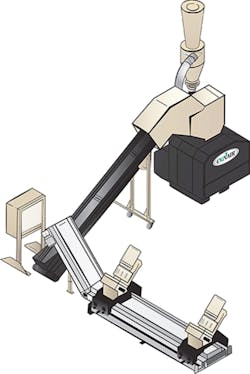 Conair's system for reclaiming edge trim from thick extruded sheet uses two guillotine cutters to cut the trim and conveys the pieces to the granulator. The regrind can go in a closed loop back to the extruder. Conair's system for reclaiming edge trim from thick extruded sheet uses two guillotine cutters to cut the trim and conveys the pieces to the granulator. The regrind can go in a closed loop back to the extruder.
