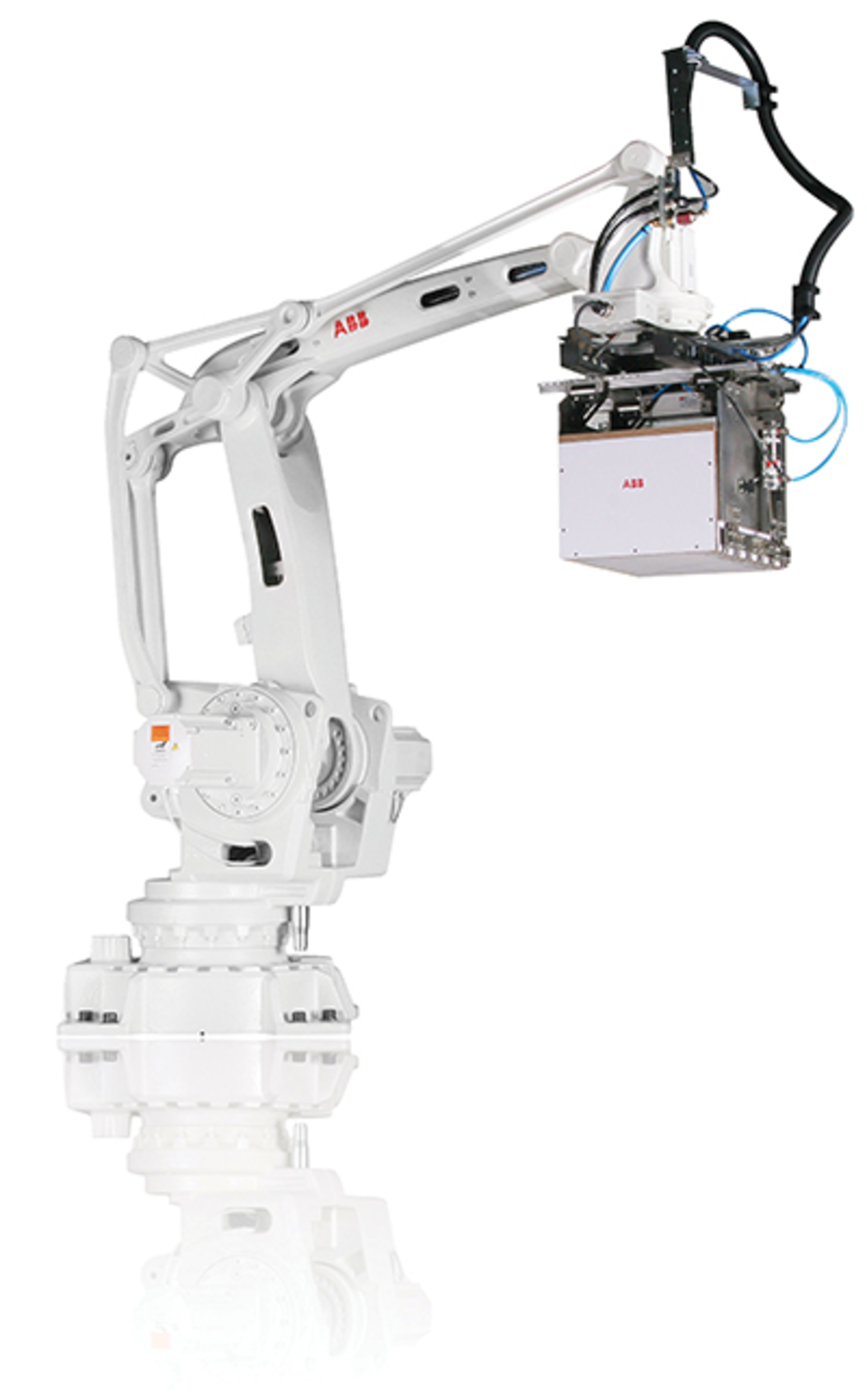 ABB&acirc;&euro;&trade;s IRB 460 high-speed robotic palletizer boasts a FlexGripper clamp for handling heavy products.
