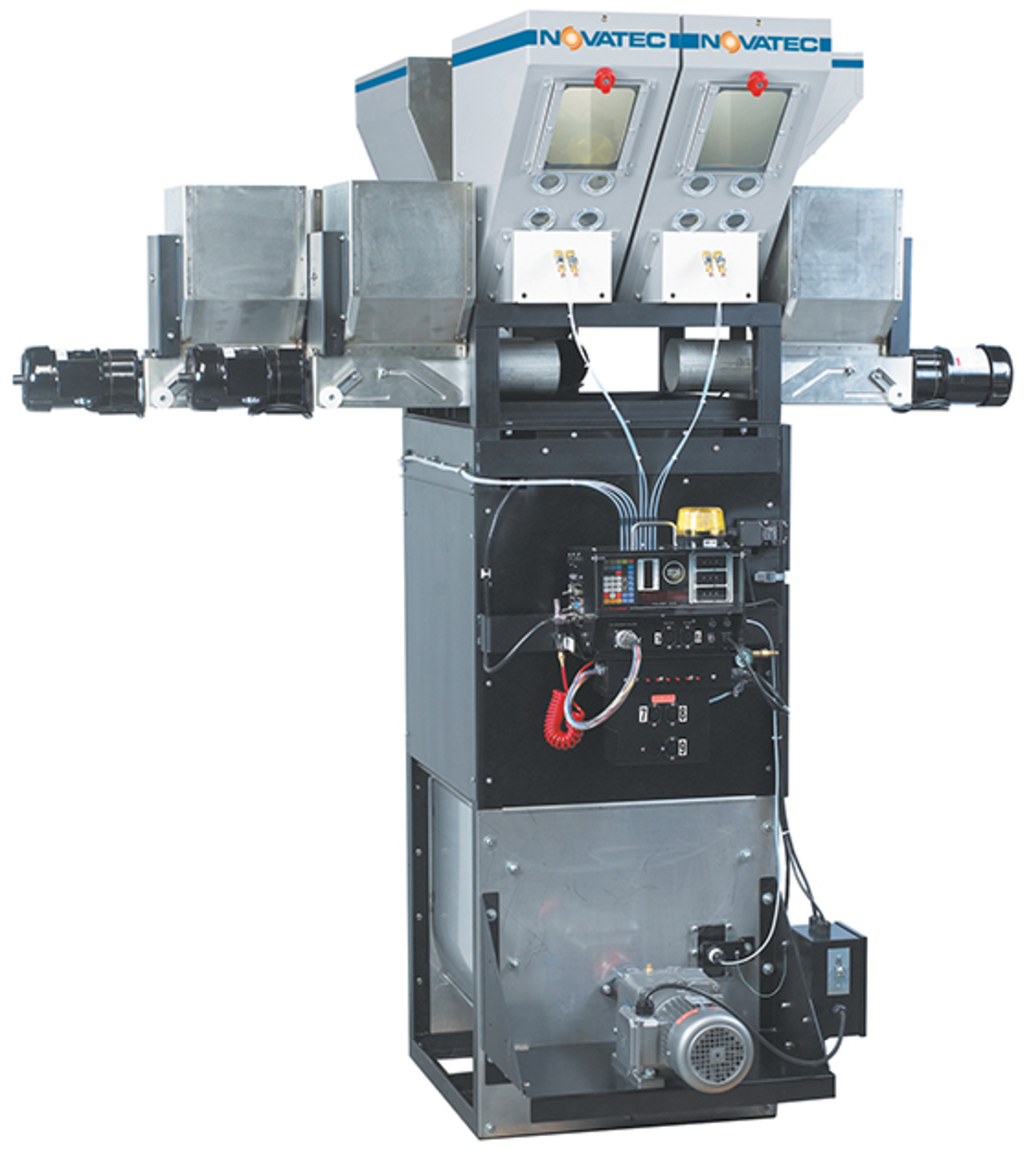 the Maguire/Novatec MaxiBatch blender can handle throughputs of more 10,000 pounds per hour and precisely dose up to 12 components.