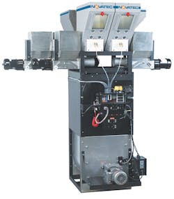 the Maguire/Novatec MaxiBatch blender can handle throughputs of more 10,000 pounds per hour and precisely dose up to 12 components. the Maguire/Novatec MaxiBatch blender can handle throughputs of more 10,000 pounds per hour and precisely dose up to 12 components.