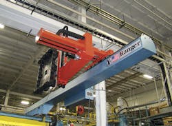 A Ranger robot handles a shipping tote base. A Ranger robot handles a shipping tote base.