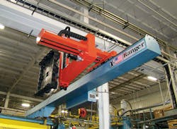 A Ranger robot handles a shipping tote base. A Ranger robot handles a shipping tote base.