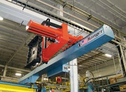 A Ranger robot handles a shipping tote base. A Ranger robot handles a shipping tote base.