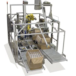 Schneider modernizes a customer's plastic bottle packaging line with a Robox. This system integrates a six-axis Fanuc robot with over 70 pounds of lifting capacity. Schneider modernizes a customer's plastic bottle packaging line with a Robox. This system integrates a six-axis Fanuc robot with over 70 pounds of lifting capacity.
