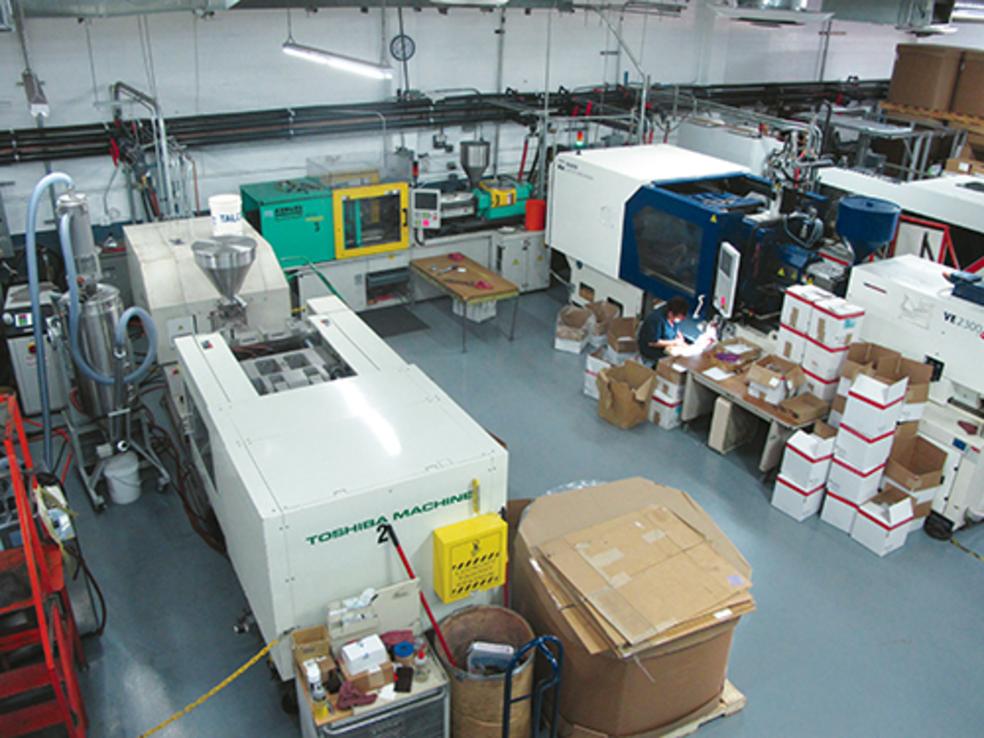 C&G Mercury&acirc;&euro;&trade;s injection molding machines include, clockwise from bottom left, Toshiba, Arburg and Haitian units.