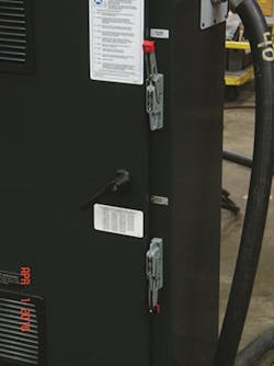 Milacron's standard lockout safety feature affects the entire machine, including heaters, motors and controls. Milacron's standard lockout safety feature affects the entire machine, including heaters, motors and controls.