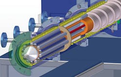 The design of Entex's single-stage planetary roller extruder eliminates the need for a premixing device. The design of Entex's single-stage planetary roller extruder eliminates the need for a premixing device.