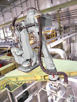 An ABB IRB 6650S shelf-mounted robot enables flexible handling of parts, as the robot can move around, rotate, and grasp the parts lying beneath it. An ABB IRB 6650S shelf-mounted robot enables flexible handling of parts, as the robot can move around, rotate, and grasp the parts lying beneath it.