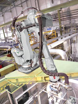 An ABB IRB 6650S shelf-mounted robot enables flexible handling of parts, as the robot can move around, rotate, and grasp the parts lying beneath it. An ABB IRB 6650S shelf-mounted robot enables flexible handling of parts, as the robot can move around, rotate, and grasp the parts lying beneath it.
