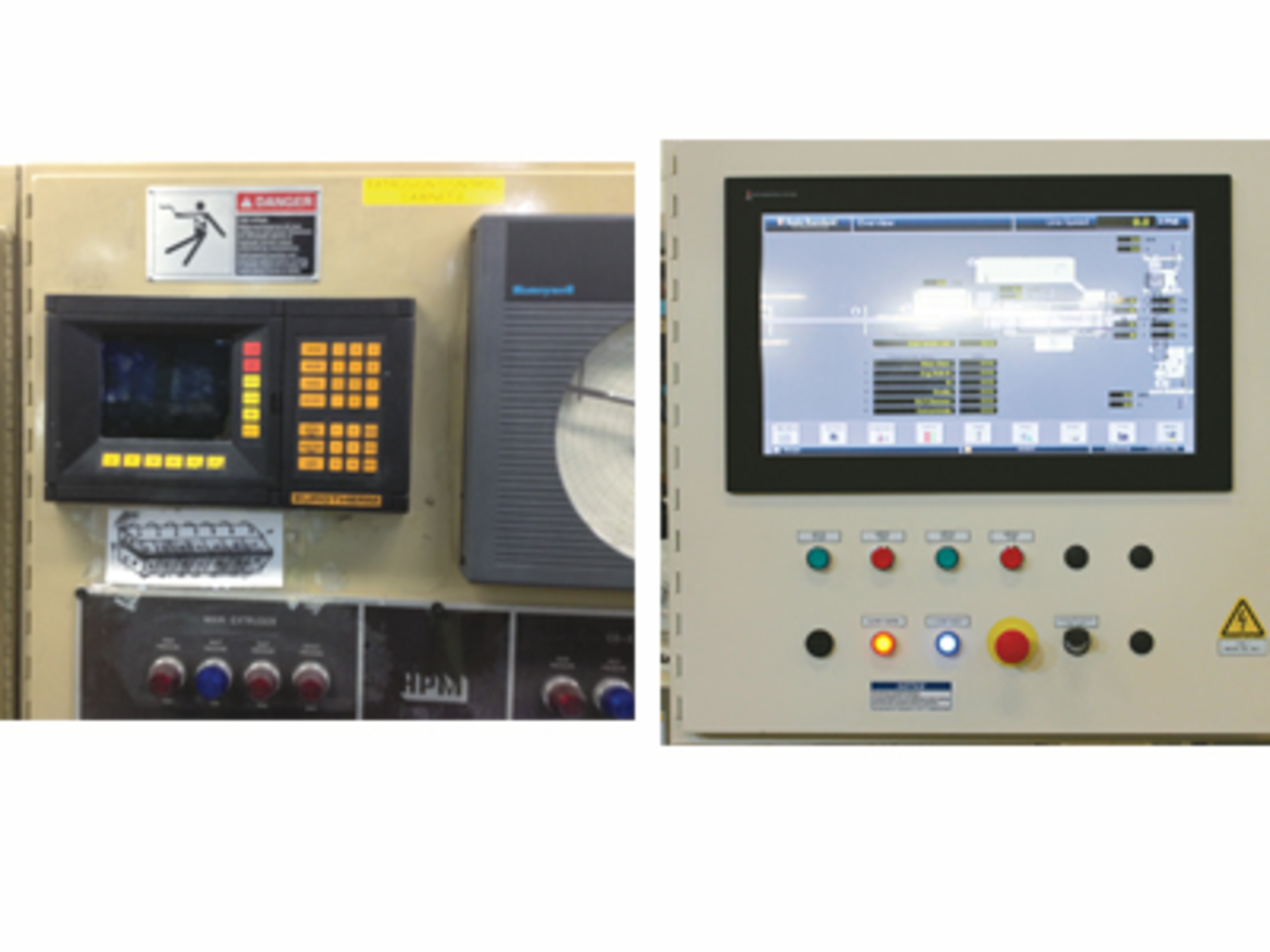 Davis-Standard performs control retrofits on its own extruders as well as extruders from other suppliers. The photos show a control before, left, &Acirc; and after a Davis-Standard retrofitting project.