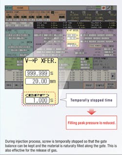 Niigata's Balanced Pressure Filling Control program controls injection screw movement for uniform mold filling. Niigata's Balanced Pressure Filling Control program controls injection screw movement for uniform mold filling.