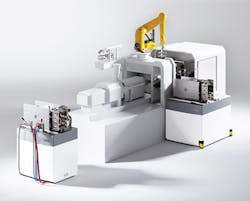 Stäubli's QMC system removes a mold from the injection press and replaces it with a production-ready, preheated tool. Stäubli's QMC system removes a mold from the injection press and replaces it with a production-ready, preheated tool.
