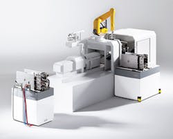 Stäubli's QMC system removes a mold from the injection press and replaces it with a production-ready, preheated tool. Stäubli's QMC system removes a mold from the injection press and replaces it with a production-ready, preheated tool.