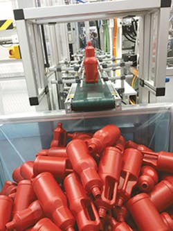 A Uniloy All-Electric Shuttle Blow Molding Machine M20.75 ED produces a 1.7-ounce bottle in a 13-second cycle time. A Uniloy All-Electric Shuttle Blow Molding Machine M20.75 ED produces a 1.7-ounce bottle in a 13-second cycle time.