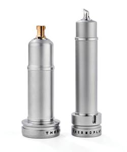 Thermoplay's DL-8B nozzle, left, is for edge gating, while the DL-1B nozzle, right, offers an extended tip, which can be tilted. Thermoplay's DL-8B nozzle, left, is for edge gating, while the DL-1B nozzle, right, offers an extended tip, which can be tilted.