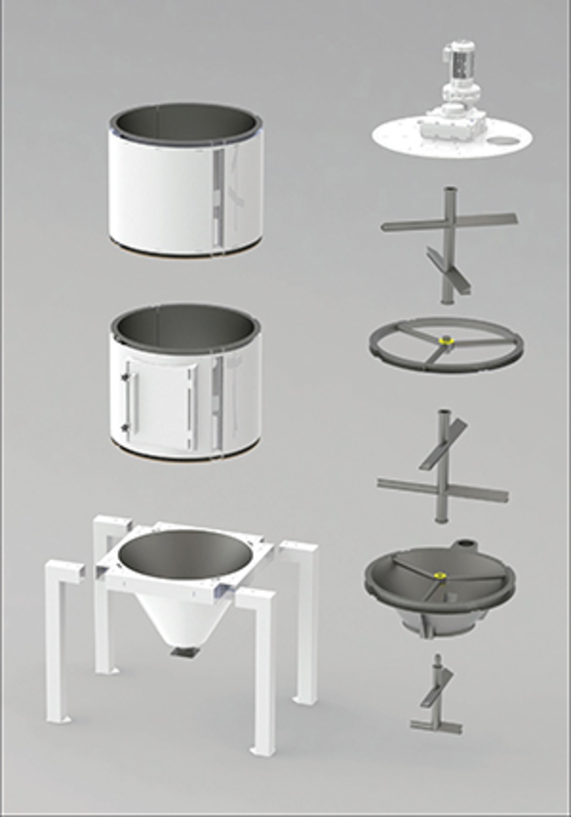 The Silmax electric drying hoppers from Wittmann Battenfeld consist of a 500-liter base cone, a 1,500-liter body with a door, and one or two additional body sections, depending on desired capacity./Wittmann Battenfeld Inc.