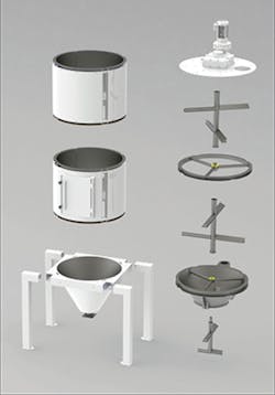 The Silmax electric drying hoppers from Wittmann Battenfeld consist of a 500-liter base cone, a 1,500-liter body with a door, and one or two additional body sections, depending on desired capacity./Wittmann Battenfeld Inc. The Silmax electric drying hoppers from Wittmann Battenfeld consist of a 500-liter base cone, a 1,500-liter body with a door, and one or two additional body sections, depending on desired capacity./Wittmann Battenfeld Inc.