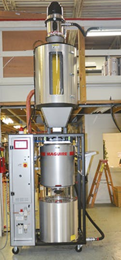Maguire's VBD 300 dryer processes up to 300 pounds of resin per hour using vacuum technology, which offers advantages compared to desiccant drying./Maquire Products Inc. Maguire's VBD 300 dryer processes up to 300 pounds of resin per hour using vacuum technology, which offers advantages compared to desiccant drying./Maquire Products Inc.