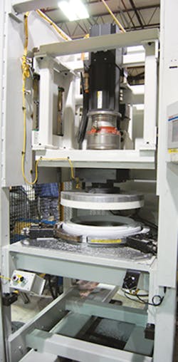 Balance rings are welded together using a modified spin weld. The welding unit is among the several pieces of welding equipment employed by Revere./PMM Balance rings are welded together using a modified spin weld. The welding unit is among the several pieces of welding equipment employed by Revere./PMM