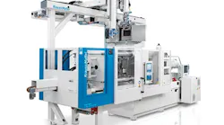 KraussMaffei’s CX 300-1000 FiberForm injection molding machine boasts dual robots. Each LRX-250 TwinZ linear robot has a 55-pound payload.