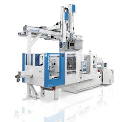 KraussMaffei’s CX 300-1000 FiberForm injection molding machine boasts dual robots. Each LRX-250 TwinZ linear robot has a 55-pound payload. KraussMaffei’s CX 300-1000 FiberForm injection molding machine boasts dual robots. Each LRX-250 TwinZ linear robot has a 55-pound payload.