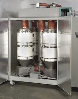 Dri-Air's floor-mounted, four-bed HP4-X 1500 dryer recovers energy through airflow.. Dri-Air's floor-mounted, four-bed HP4-X 1500 dryer recovers energy through airflow..