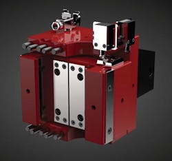 The Ironjaw system affixes to an injection mold to enhance clamping force. The Ironjaw system affixes to an injection mold to enhance clamping force.