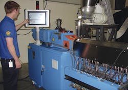 For compounding, Custom Processing Services uses a Coperion ZSK92 high-performance twin-screw co-rotating extruder. The extruder enables ingredients to be added to the mixture at the correct process interval. For compounding, Custom Processing Services uses a Coperion ZSK92 high-performance twin-screw co-rotating extruder. The extruder enables ingredients to be added to the mixture at the correct process interval.