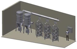 Motan's permanent central conveying system has only one central vacuum line. All material loaders, air pumps and filters are connected to the line. Motan's permanent central conveying system has only one central vacuum line. All material loaders, air pumps and filters are connected to the line.