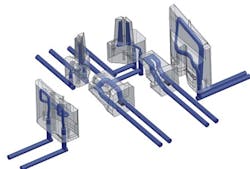 Conformal cooling channels follow the contours of a core or cavity insert. Conformal cooling channels follow the contours of a core or cavity insert.