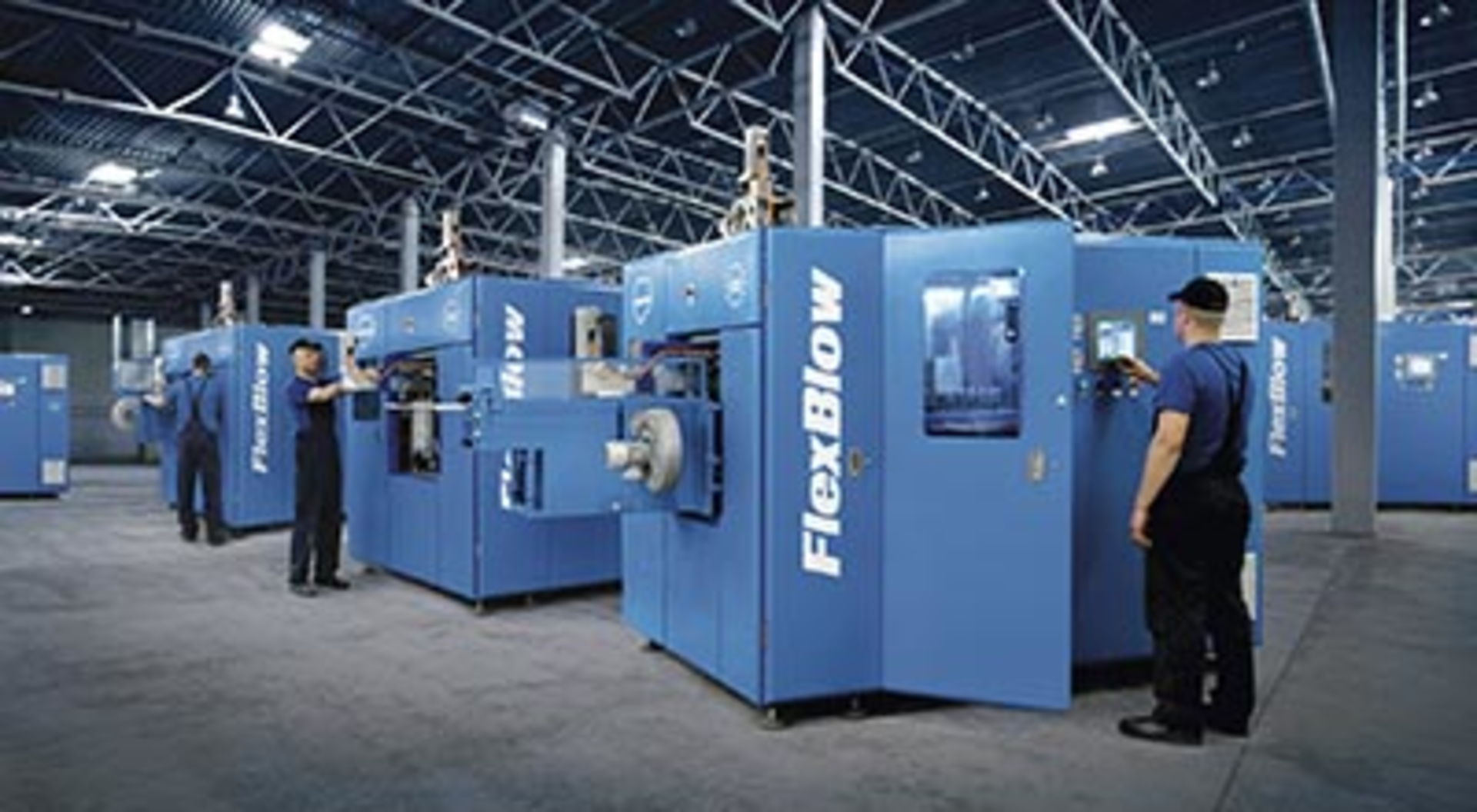 The compact FlexBlow 2 machines, above, give bottle manufacturers the flexibility to change molds in about 4 minutes.