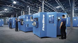 The compact FlexBlow 2 machines, above, give bottle manufacturers the flexibility to change molds in about 4 minutes. The compact FlexBlow 2 machines, above, give bottle manufacturers the flexibility to change molds in about 4 minutes.