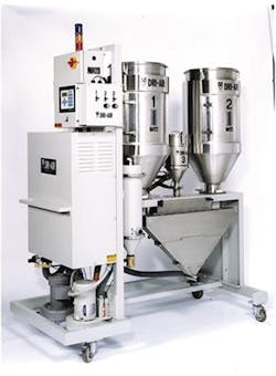To help meet clean-room needs, Dri-Air's auxiliary systems can combine functions. An example is this virgin and regrind drying-blending-conveying system that prevents waste of pre-mixed materials. To help meet clean-room needs, Dri-Air's auxiliary systems can combine functions. An example is this virgin and regrind drying-blending-conveying system that prevents waste of pre-mixed materials.