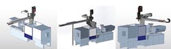 Strategies for positioning robots on presses include, from left, the longitudinal mount, the operator-side mount and the rear-side mount. Strategies for positioning robots on presses include, from left, the longitudinal mount, the operator-side mount and the rear-side mount.