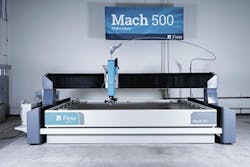 Flow International's latest water jet, the Mach 500, has a cycle time that is 20 percent faster than the machines that the Mach series replaced. Flow International's latest water jet, the Mach 500, has a cycle time that is 20 percent faster than the machines that the Mach series replaced.