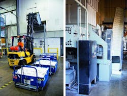 A worker on the manufacturing floor, left, uses a forklift to dump containers of scrap into a chute that feeds the shredders and grinders in an adjoining room, right. The shredding and granulating equipment from Rapid Granulator is kept outside the production area to minimize dust. A worker on the manufacturing floor, left, uses a forklift to dump containers of scrap into a chute that feeds the shredders and grinders in an adjoining room, right. The shredding and granulating equipment from Rapid Granulator is kept outside the production area to minimize dust.