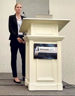 Monika Gneuss, VP of sales and marketing manager, at Extrusion 2017. Monika Gneuss, VP of sales and marketing manager, at Extrusion 2017.
