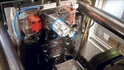 Grosfilley's rotation molding process uses an index plate placed over a mold that turns like a dial from one workstation to the next. Grosfilley's rotation molding process uses an index plate placed over a mold that turns like a dial from one workstation to the next.