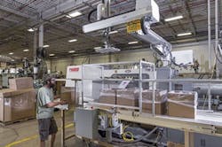 Rodon&apos;s visual inspection systems include automated conveyors indexing a completed box to a post-mold position and installing an empty box ready for packing.