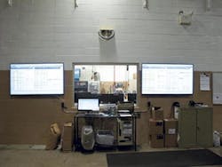 Two LED screens display the status and upcoming changes involving all of the plant's molding machines. This production planning and scheduling system updates every 10 minutes. Two LED screens display the status and upcoming changes involving all of the plant's molding machines. This production planning and scheduling system updates every 10 minutes.