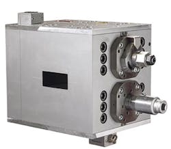 Battenfeld-Cincinnati's MLA 2E3L Bolt feed block is used for the extrusion of three-layer thermoforming sheet. Battenfeld-Cincinnati's MLA 2E3L Bolt feed block is used for the extrusion of three-layer thermoforming sheet.