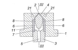 Haidlmair's invention includes an injection molding nozzle with a heatable nozzle core. Haidlmair's invention includes an injection molding nozzle with a heatable nozzle core.