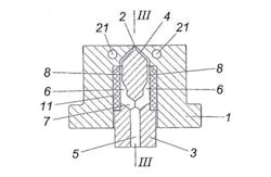 Haidlmair's invention includes an injection molding nozzle with a heatable nozzle core. Haidlmair's invention includes an injection molding nozzle with a heatable nozzle core.
