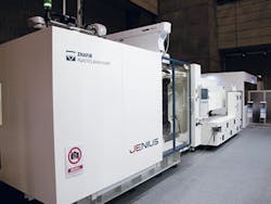 Haitian's new Jenius hybrid injection molding machines use two platens instead of a toggle clamp, which allows them to accommodate larger molds. Haitian's new Jenius hybrid injection molding machines use two platens instead of a toggle clamp, which allows them to accommodate larger molds.