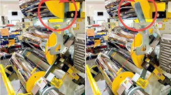 Left, roll lockouts are shown in the activated position, which prevents the rolls from closing. Right, the deactivated position allows the rolls to close  when the roll stand is engaged in normal operations.