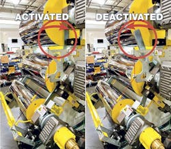 Left, roll lockouts are shown in the activated position, which prevents the rolls from closing. Right, the deactivated position allows the rolls to close  when the roll stand is engaged in normal operations. Left, roll lockouts are shown in the activated position, which prevents the rolls from closing. Right, the deactivated position allows the rolls to close  when the roll stand is engaged in normal operations.
