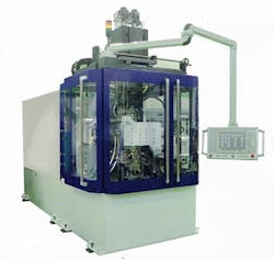 Tahara's HPS-50E/05B(T2) system, shown during the International Plastic Fair, combines injection molding with extrusion blow molding. Tahara's HPS-50E/05B(T2) system, shown during the International Plastic Fair, combines injection molding with extrusion blow molding.