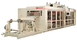 The GN800 servo-driven roll-fed thermoforming system has been enhanced with a common-edge tooling technology, which allows the machine to form a series of square or rectangular trays in a row or multiple rows while eliminating all scrap between the edges of the products. The GN800 servo-driven roll-fed thermoforming system has been enhanced with a common-edge tooling technology, which allows the machine to form a series of square or rectangular trays in a row or multiple rows while eliminating all scrap between the edges of the products.